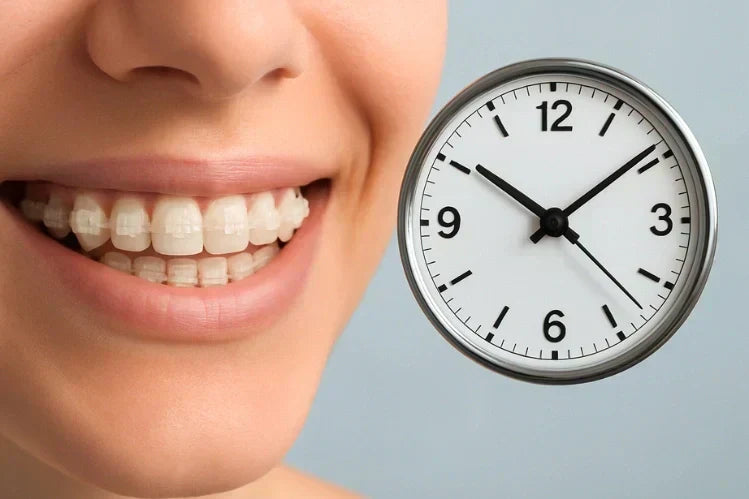 An image of a woman with ceramic braces and a clock representing the ceramic braces treatment time
