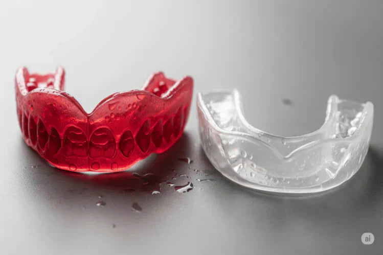 Un paradenti specializzato per la boxe (rosso) e un paradenti multi-sport (trasparente)