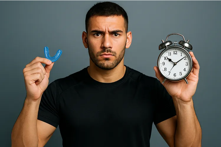 Un atleta che tiene un paradenti in una mano e un orologio nell'altra mano per rappresentare il tempo di utilizzo del paradenti