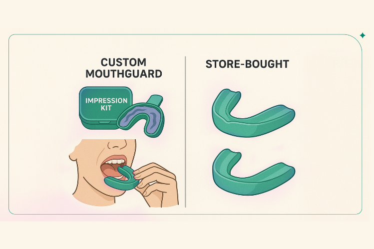 Un'illustrazione del paradenti ALIGNERCO insieme agli elementi essenziali per la pulizia.