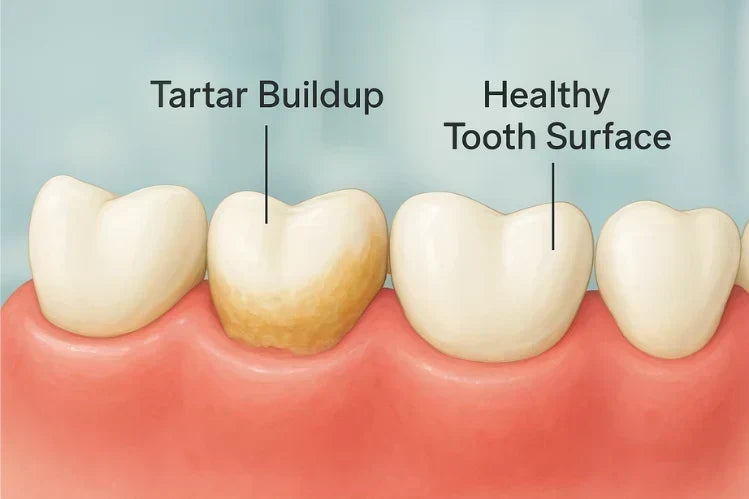 Illustrazione in primo piano che mostra l'accumulo di tartaro sui denti vicino al bordo gengivale.