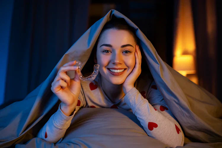Una ragazza che tiene in mano un paradenti prima di dormire.