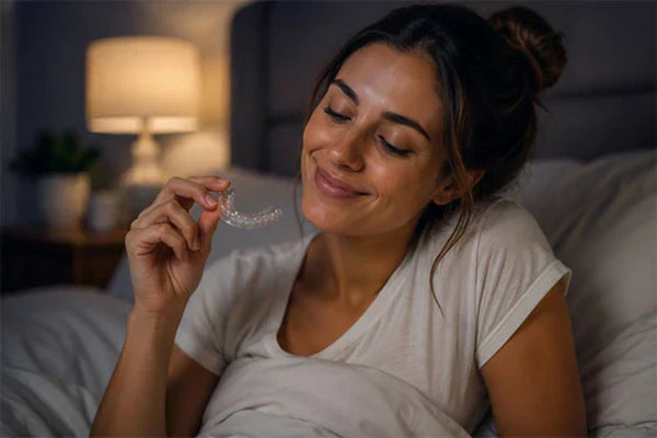 Una donna a letto che tiene in mano dei teli notturni
