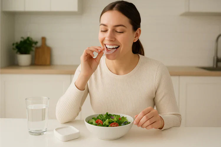 Giovane donna che si toglie gli allineatori trasparenti prima di consumare un pasto sano.